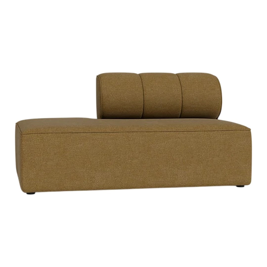 Stylish brown chaise lounge with a smooth texture and three rounded backrest cushions. Perfect for modern decor.