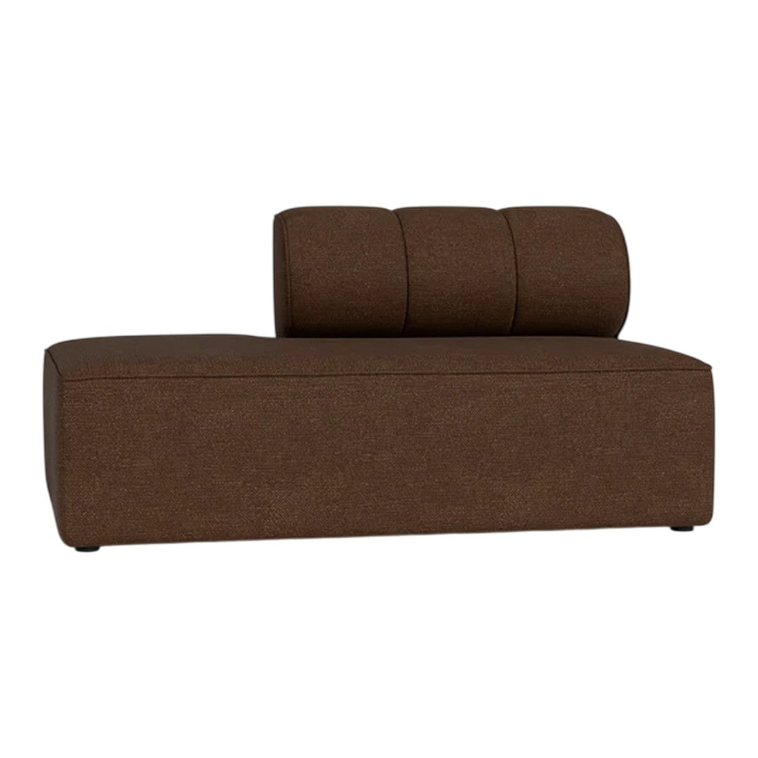 Brown upholstered chaise lounge with a smooth texture and rounded backrest, perfect for modern living spaces.