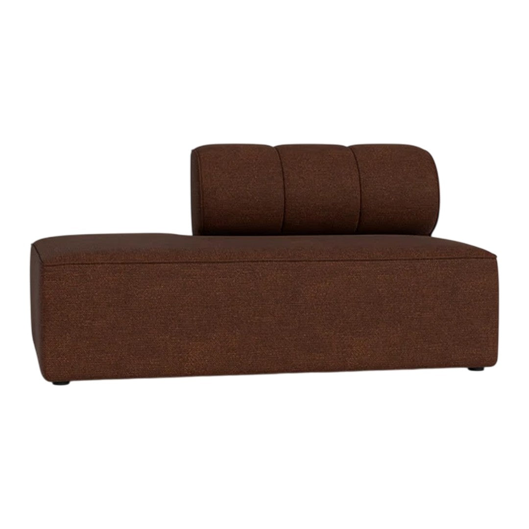 Brown upholstered chaise lounge with a smooth texture and rounded backrest detailing. Ideal for modern decor.