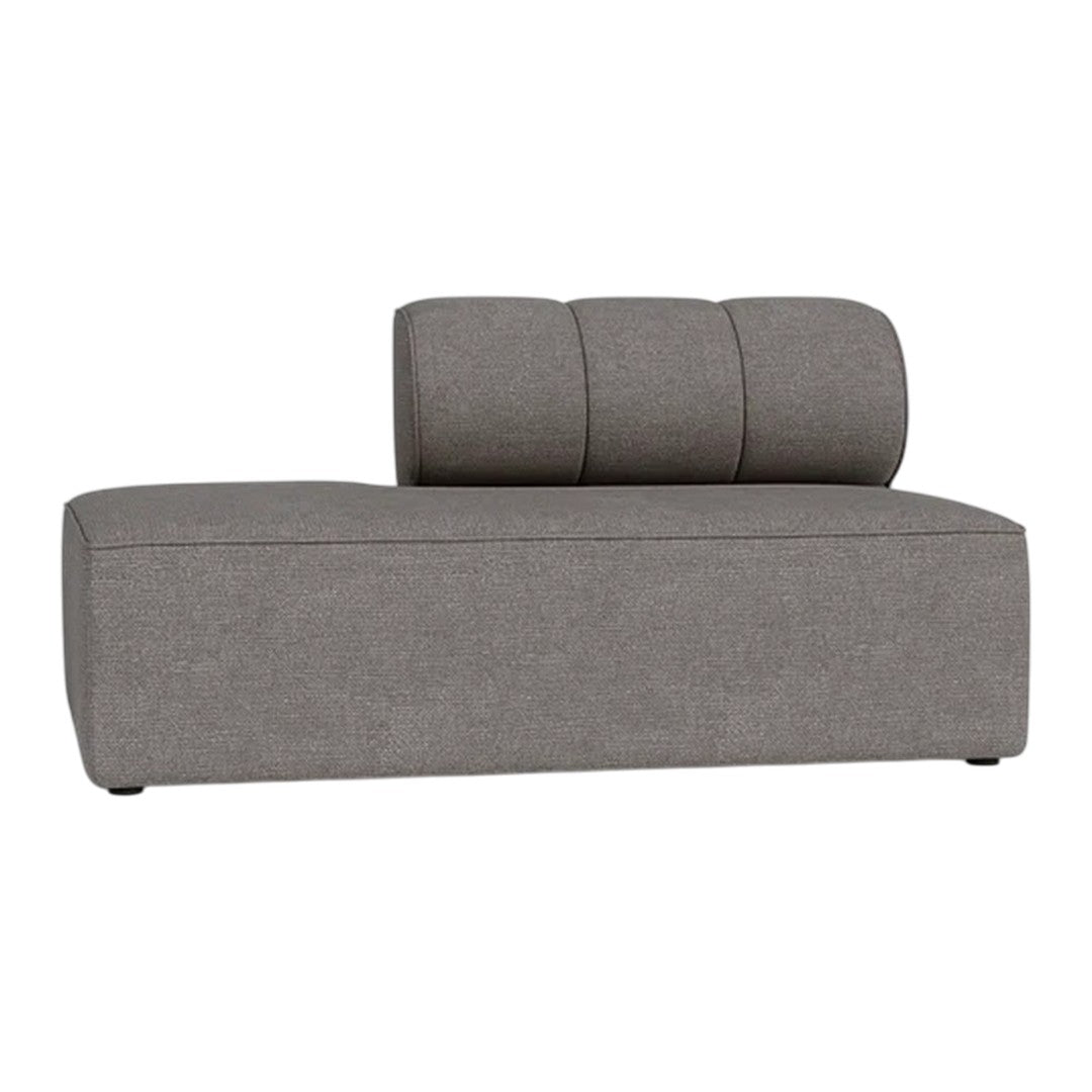 Gray upholstered chaise lounge with a smooth, minimalist design and three rounded back cushions.