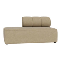 Beige chaise lounge with a textured, minimalistic design and three cylindrical cushions on the back.