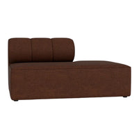 Brown upholstered chaise lounge with sleek lines and a modern design, featuring a simple, textured pattern.