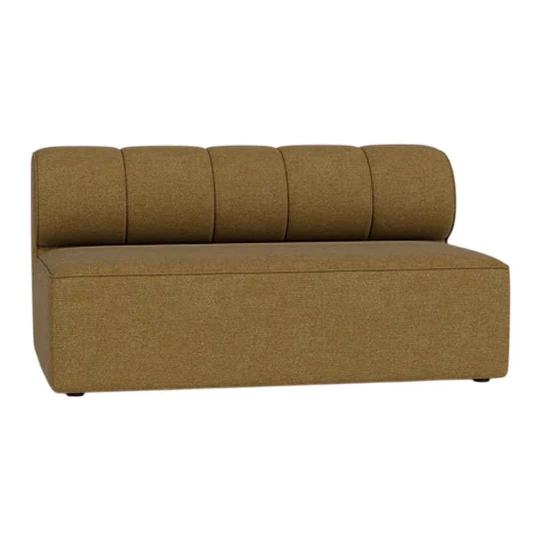 Brown upholstered sofa with a smooth texture and curved back, featuring a simple, minimalist design.