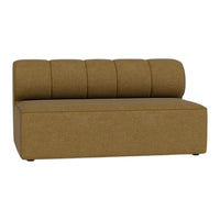 Brown upholstered sofa with a smooth texture and curved back, featuring a simple, minimalist design.