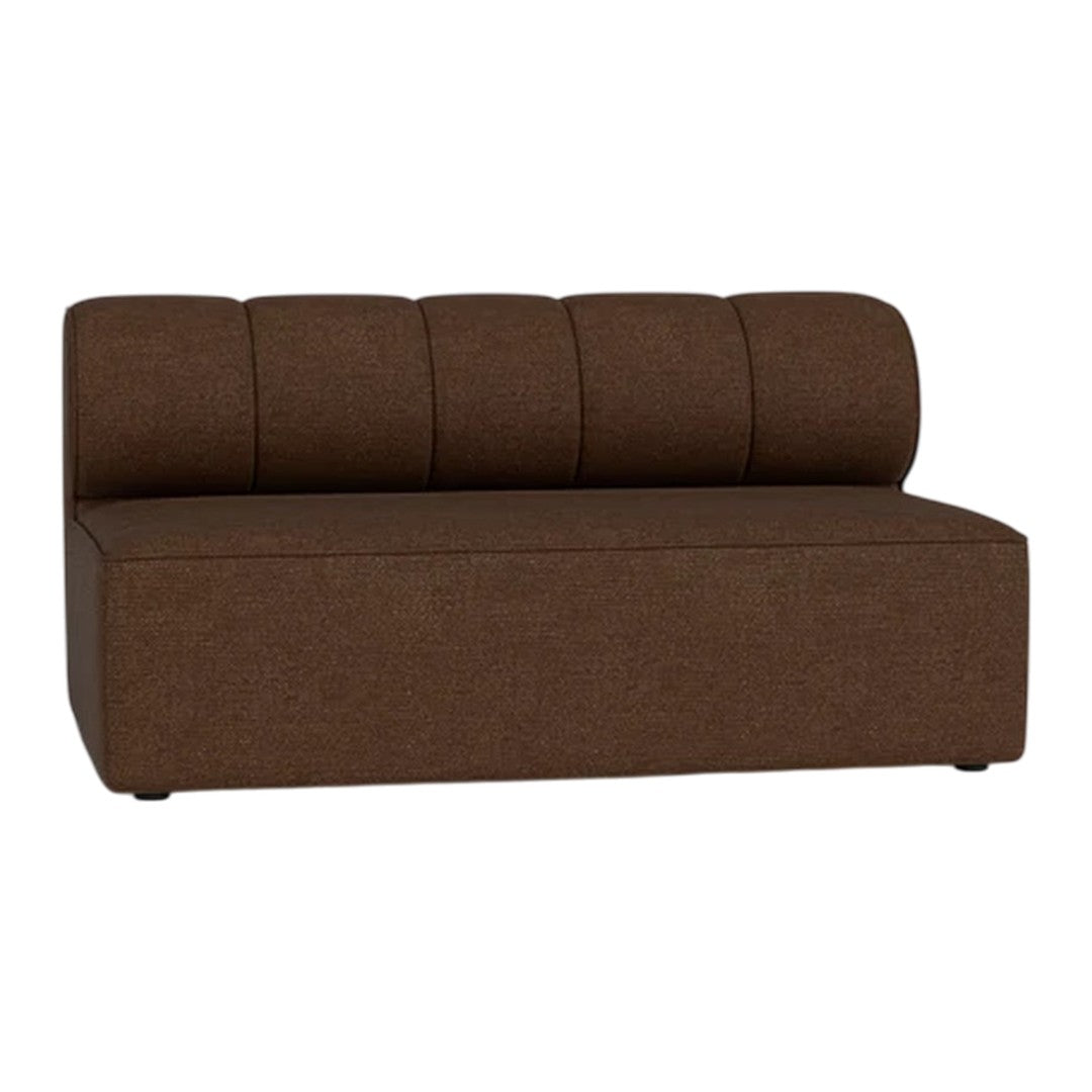 Brown upholstered sofa with a sleek, modern design and smooth, pleated backrest detailing. Perfect for contemporary decor.