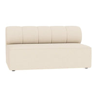 Cream-colored modern sofa with a sleek, minimalistic design featuring vertical tufted accents.