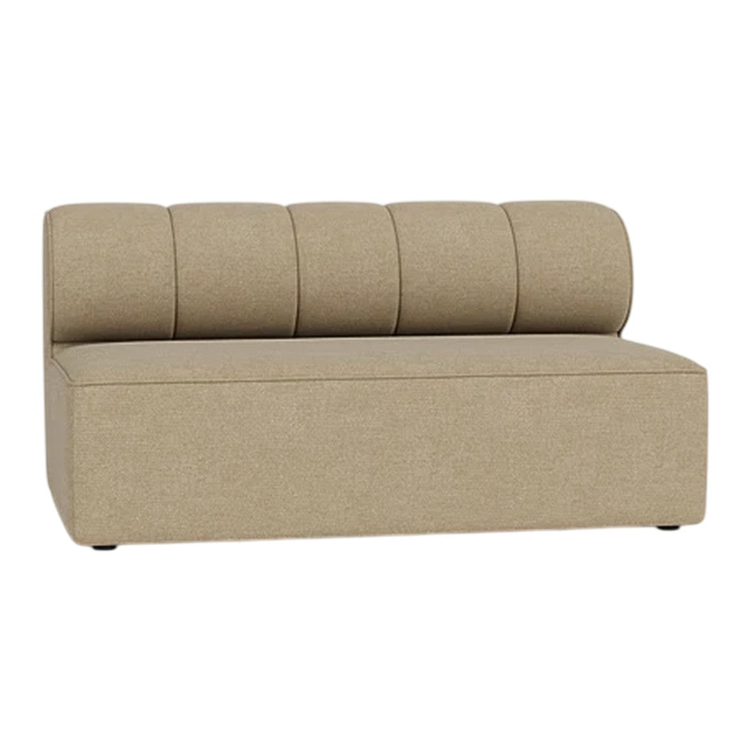 Beige upholstered sofa with channelled back and smooth surface, perfect for modern home decor.