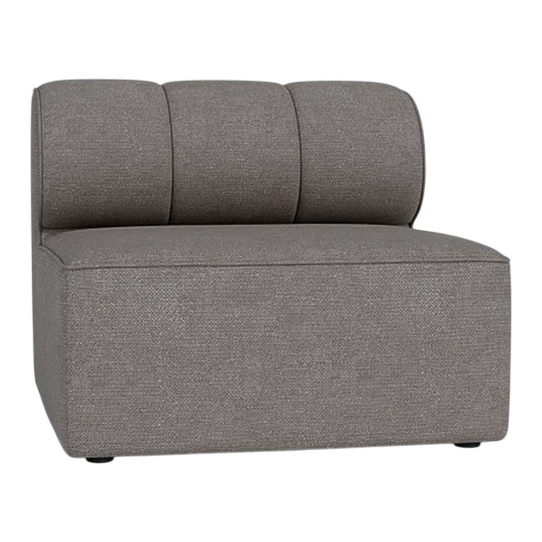 Gray upholstered chair with a sleek design featuring three rounded back cushions. Modern and minimalistic style.