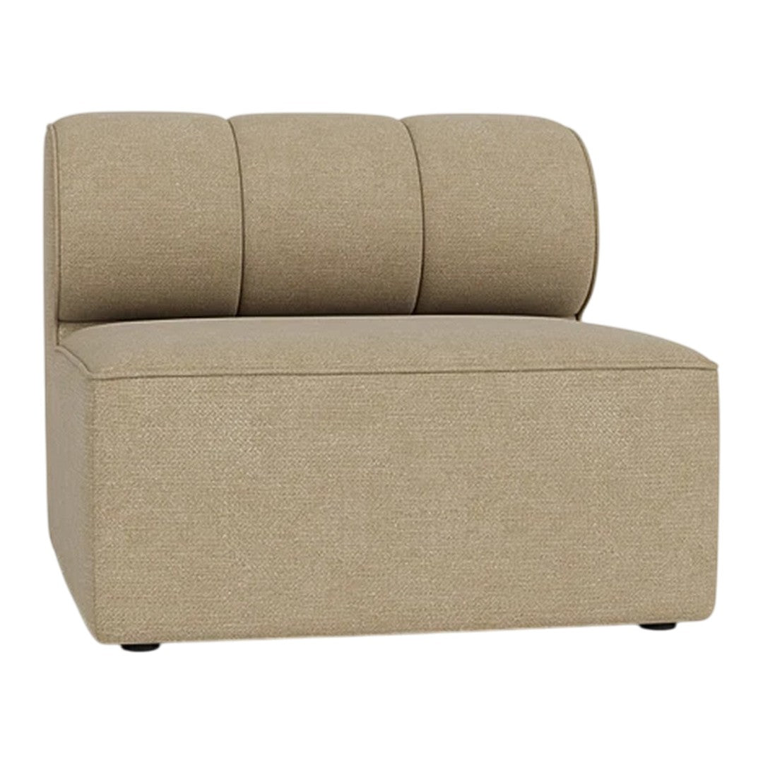 Tan upholstered accent chair with three curved back cushions, minimalist design and solid base.