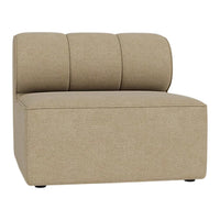 Tan upholstered accent chair with three curved back cushions, minimalist design and solid base.