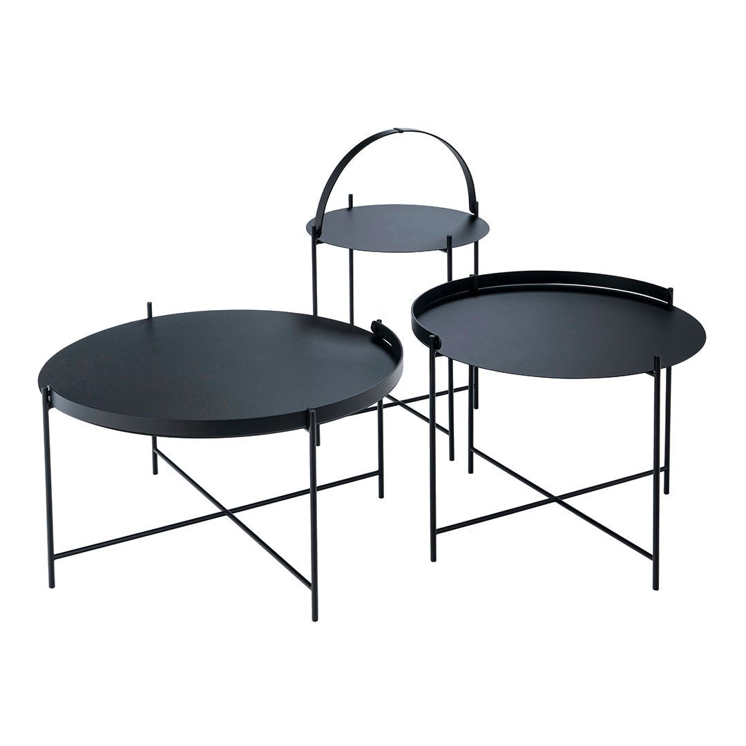 Set of three modern black metal side tables with smooth surfaces and minimalist design. Perfect for contemporary decor.
