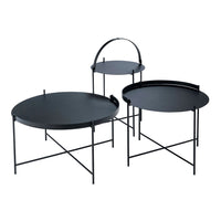 Set of three modern black metal side tables with smooth surfaces and minimalist design. Perfect for contemporary decor.