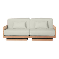 Light gray cushions with a smooth texture on a natural wood frame, creating a modern, minimalist design.