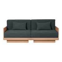 Modern two-seater sofa in dark gray fabric with light wood accents, featuring clean lines and minimalist design.