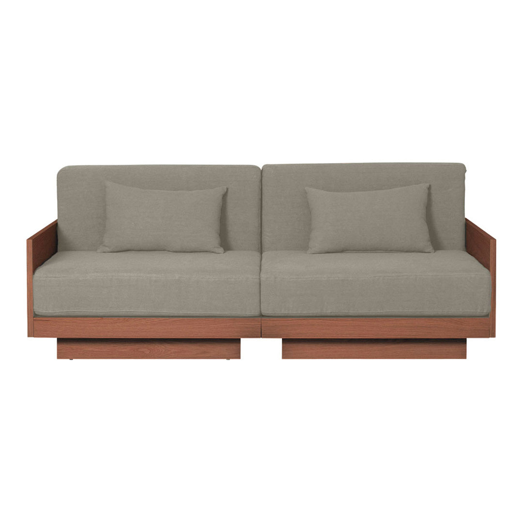Gray fabric sofa with subtle texture, wooden frame in warm tones, two matching cushions, modern minimalist design.