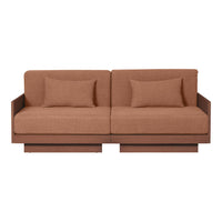 Brown upholstered sofa with minimalistic design and matching cushions, featuring a smooth fabric texture.