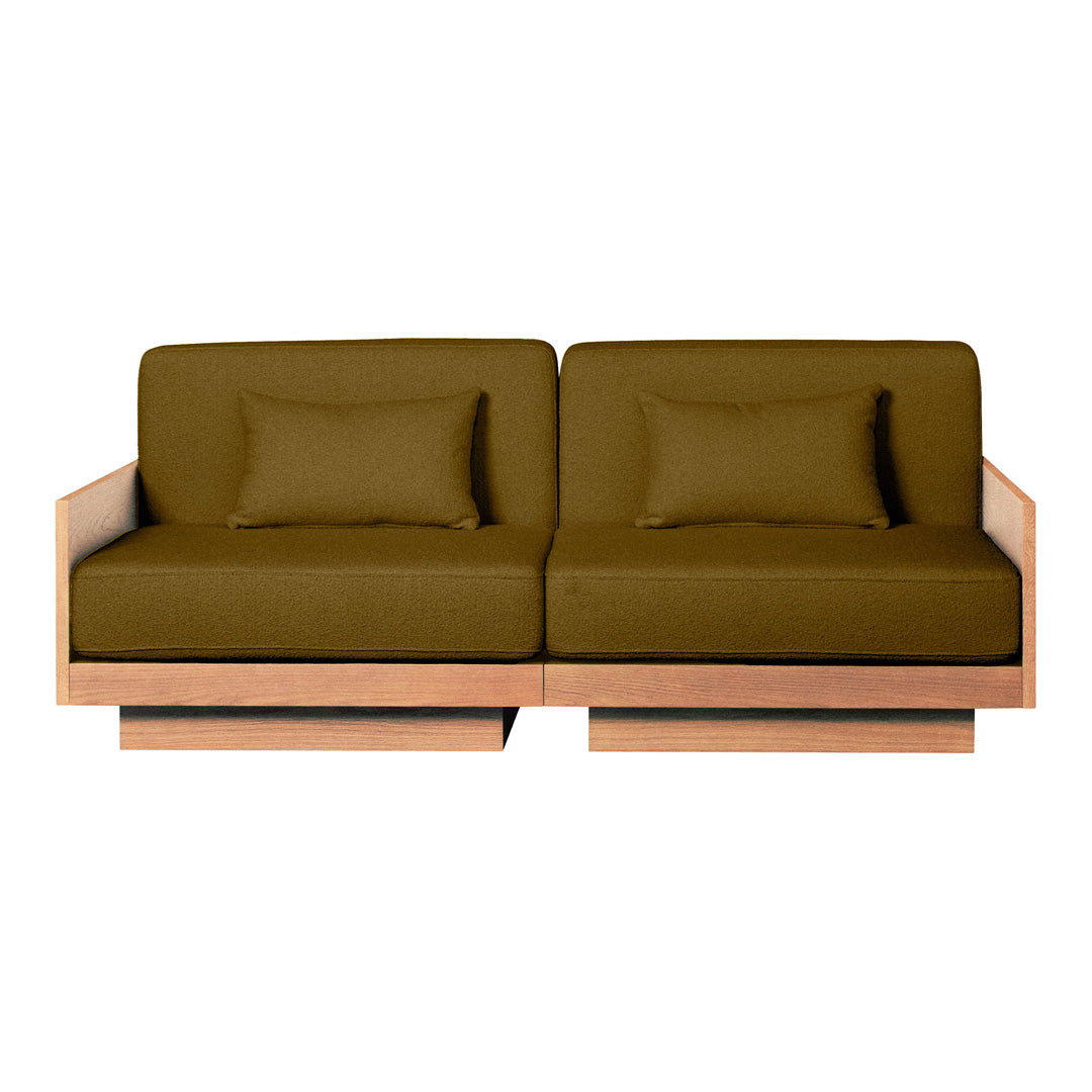 Olive green fabric sofa with light wooden frame, featuring two cushions and a minimalist design. Perfect for modern decor.