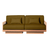 Olive green fabric sofa with light wooden frame, featuring two cushions and a minimalist design. Perfect for modern decor.