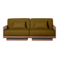 Brown fabric sofa with two seat cushions and matching pillows, featuring a minimalist wooden frame.