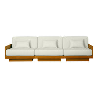 Minimalist white sofa with three plush cushions and a warm wooden frame. Perfect for modern living spaces.
