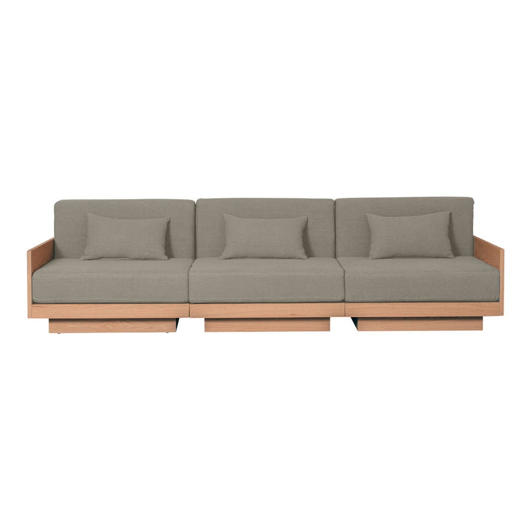 Gray fabric sofa with minimalist design and wooden base, featuring square cushions and clean lines.