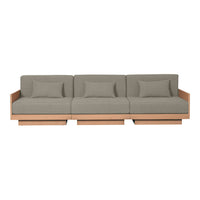Gray fabric sofa with minimalist design and wooden base, featuring square cushions and clean lines.