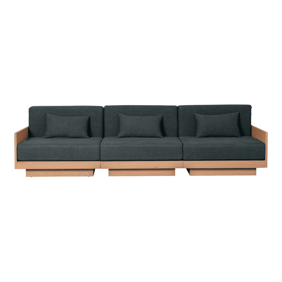 Sleek charcoal gray sofa with matching cushions, featuring a light wood base for a modern look.