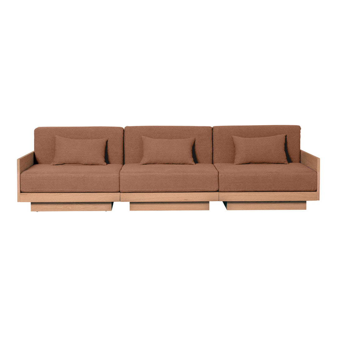Brown fabric sofa with simple, clean lines and matching cushions, perfect for modern interiors.
