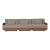 Modern three-seater sofa in warm brown wood with soft, light gray fabric cushions and sleek, minimalist design.