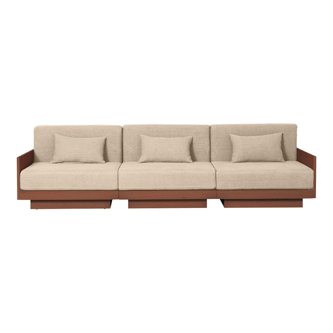 Beige upholstered sofa with a sleek brown wooden frame and matching cushions. Modern and minimalist design.