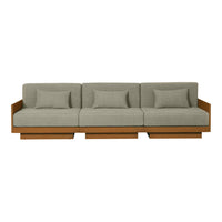 Gray upholstered sofa with a minimalist design and warm wooden frame, featuring subtle textured cushions.