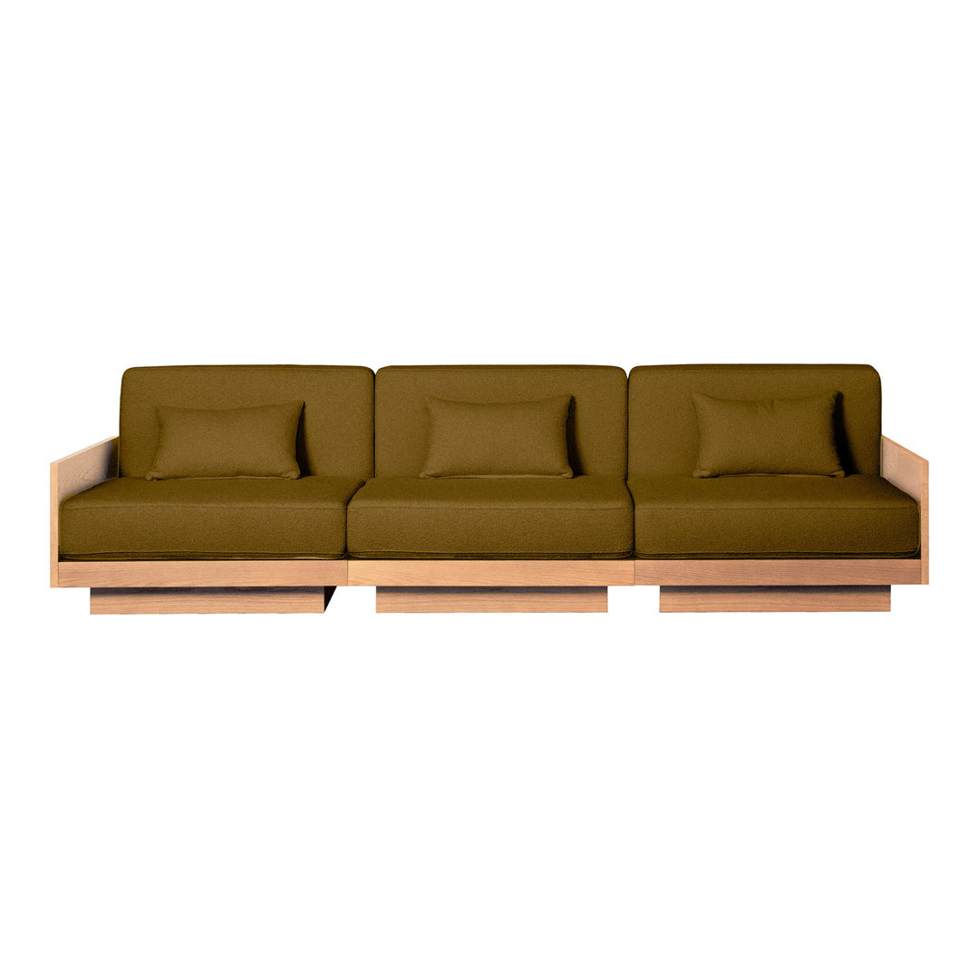 Sleek mid-century modern sofa in olive green with a light wooden frame and clean lines. Perfect for contemporary decor.
