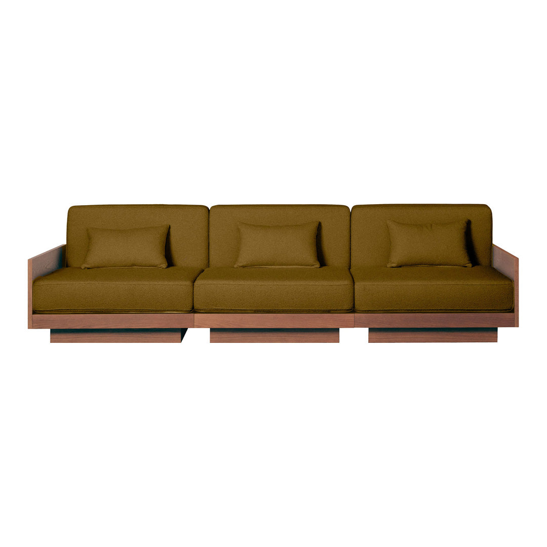 Olive green upholstered sofa with a simple, modern design and clean lines. Perfect for contemporary interiors.