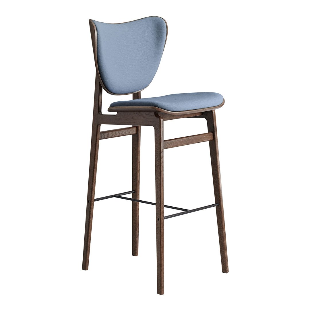 Light blue upholstered bar stool with a sleek wooden frame in a rich brown finish. Modern and stylish design.