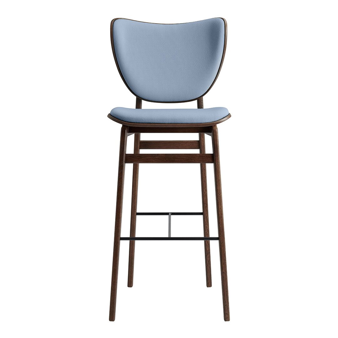 Light blue upholstered bar stool with a sleek wooden frame and modern design. Ideal for contemporary spaces.