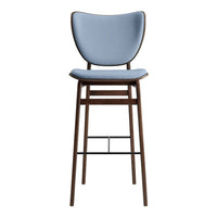 Light blue upholstered bar stool with a sleek wooden frame and modern design. Ideal for contemporary spaces.