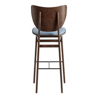 Back view of a wood high chair featuring a dark walnut finish and light blue cushioned seat. Simple, modern design.