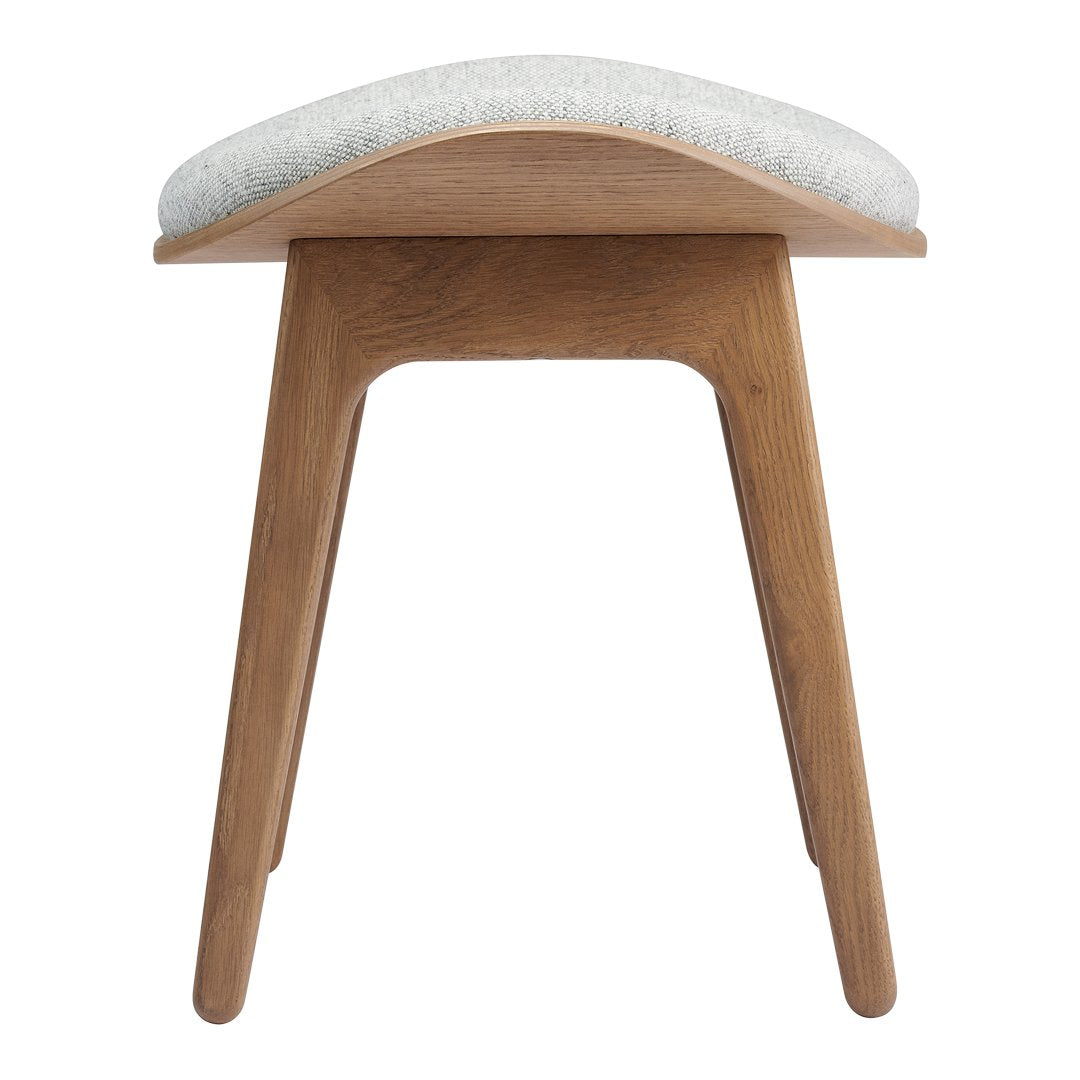 Light gray fabric cushion with a natural wood finish, featuring a smooth, minimalist design and clean lines.