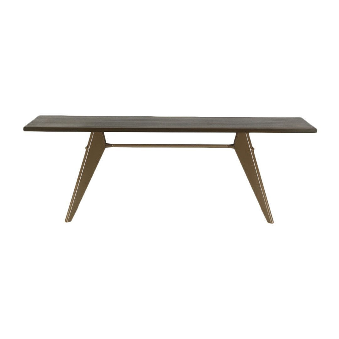 "Stylish rectangular dining table with a sleek dark gray surface and elegant tapered wooden legs in a warm beige finish."