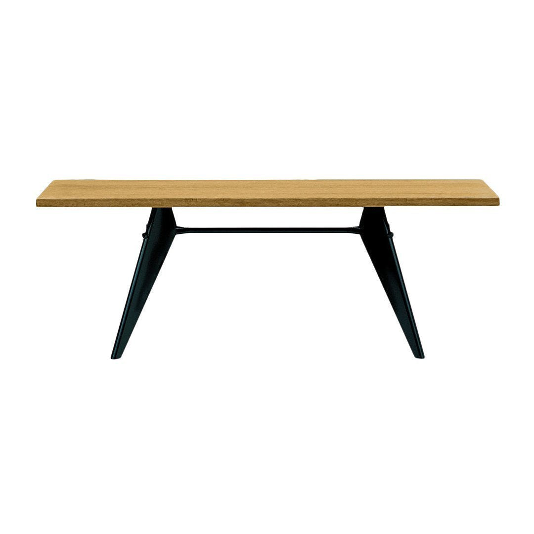 Natural wood bench with a light oak finish and sleek black metal legs, featuring a minimalist design.