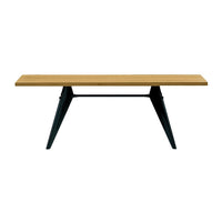 Natural wood bench with a light oak finish and sleek black metal legs, featuring a minimalist design.