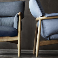 Modern chairs featuring a mix of deep blue and light blue fabrics with a smooth wooden frame. Stylish and contemporary design.
