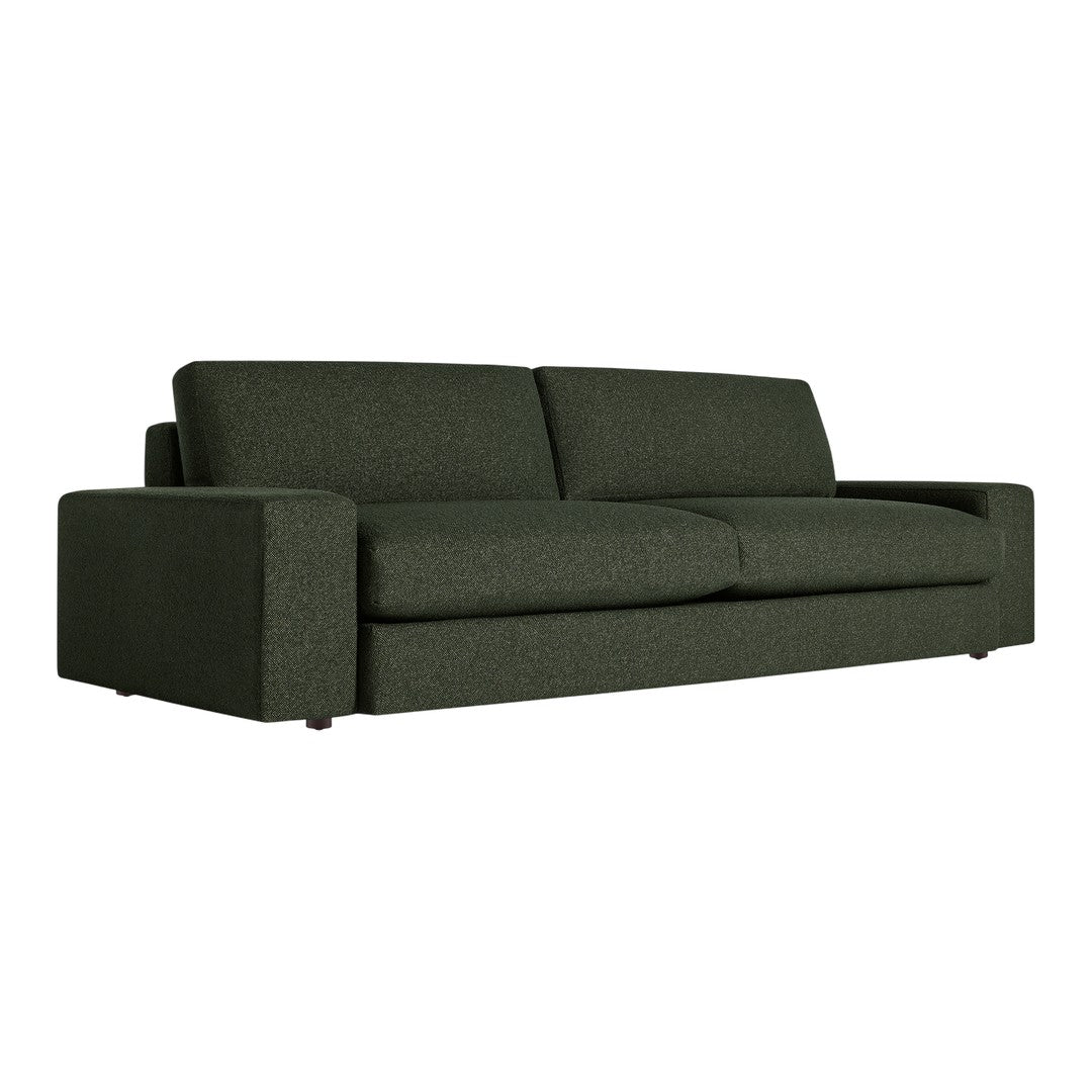 Modern dark green sofa with a textured fabric, featuring a minimalist design and clean lines. Perfect for contemporary decor.