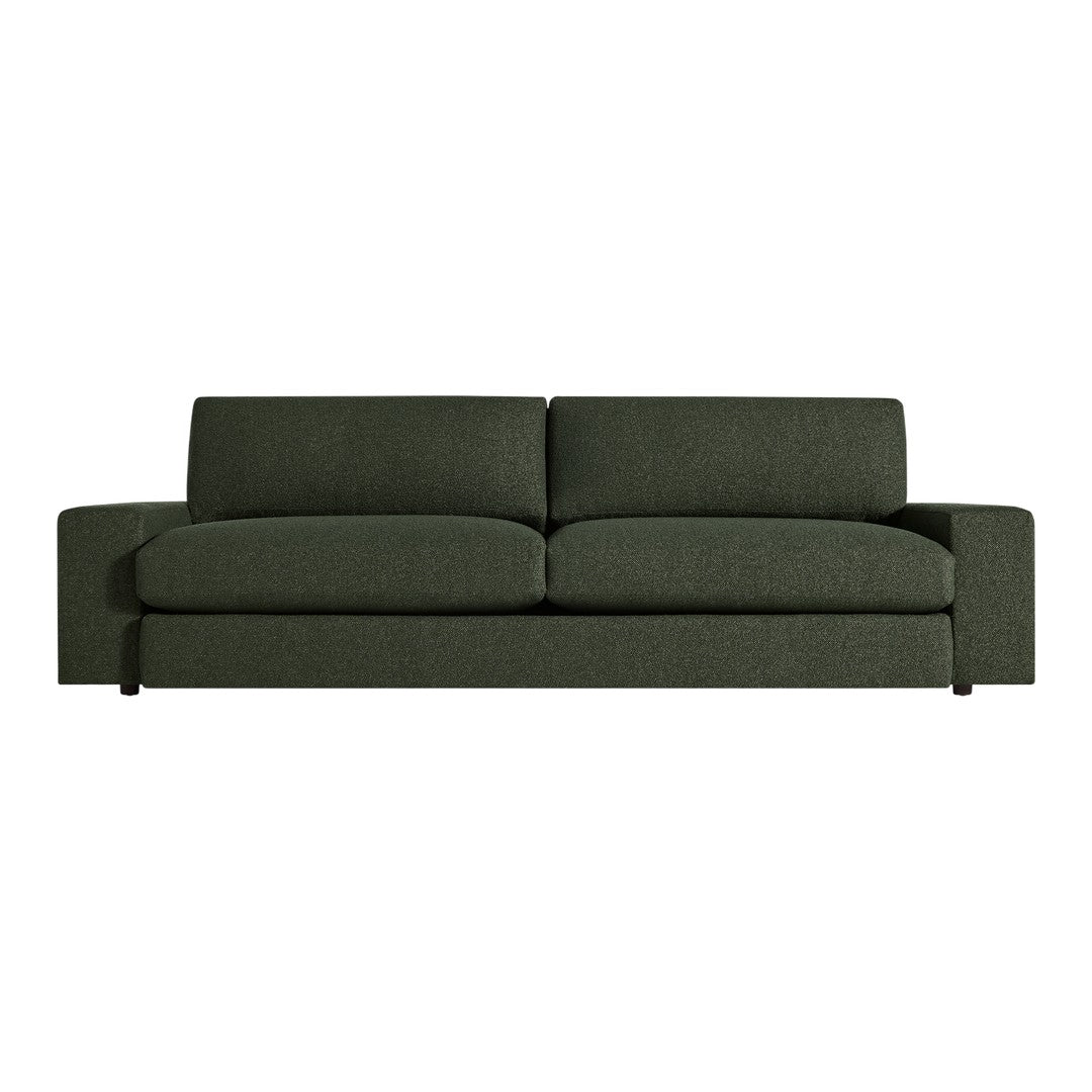 Olive green, textured modern sofa with a minimalist design and plush cushions, perfect for contemporary interiors.