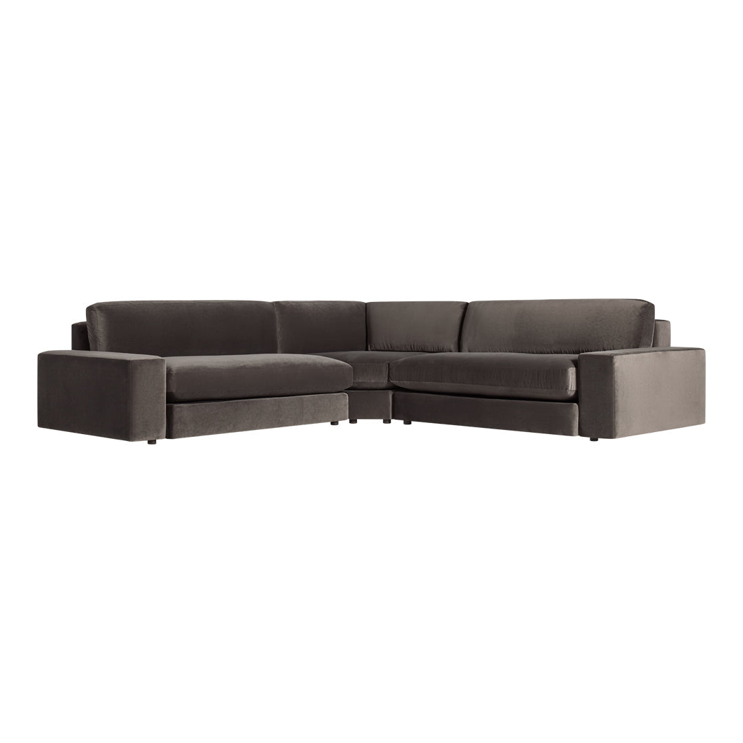 Dark gray sectional sofa with a sleek, modern design and smooth upholstery, perfect for contemporary interiors.