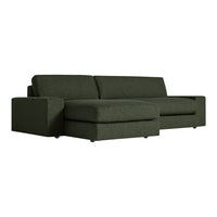 Dark green fabric sofa with a textured finish, featuring a modern design and minimalist silhouette.