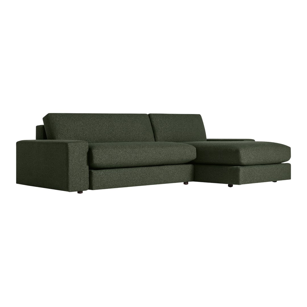 Dark green fabric sofa with a sleek, modern design and subtle texture. Ideal for contemporary living spaces.