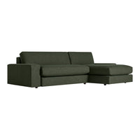 Dark green fabric sofa with a sleek, modern design and subtle texture. Ideal for contemporary living spaces.