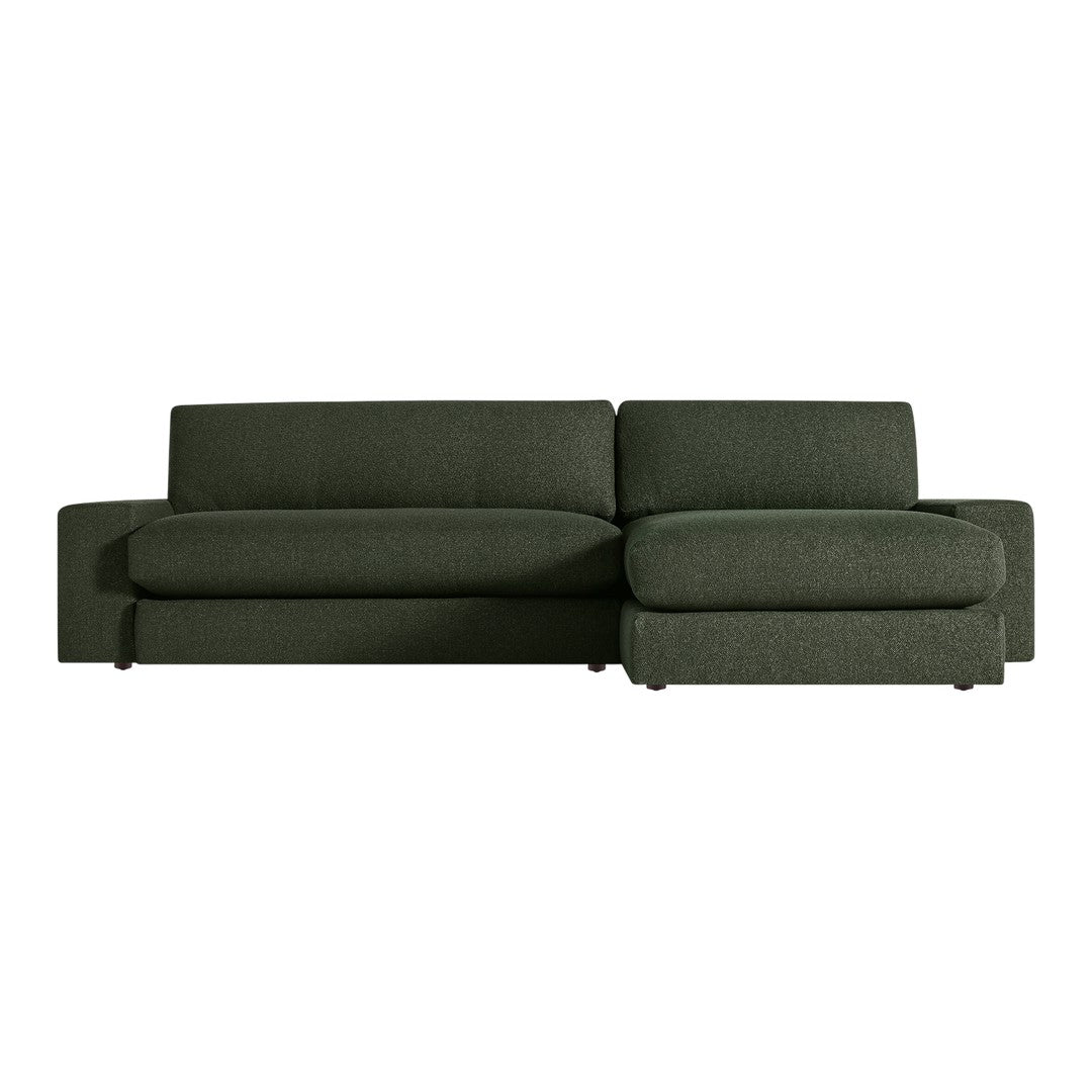 Dark green textured fabric sofa with a modern design and contrasting shades. Ideal for contemporary living spaces.