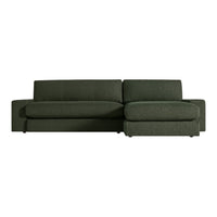Dark green textured fabric sofa with a modern design and contrasting shades. Ideal for contemporary living spaces.